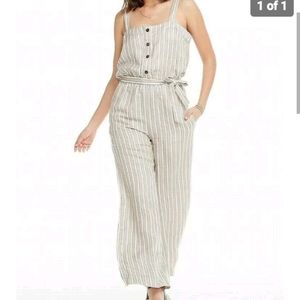 NWT Chaser Linen Blend Beige Stripe Jumpsuit Women's Small Belt Pocket $119 MSRP
